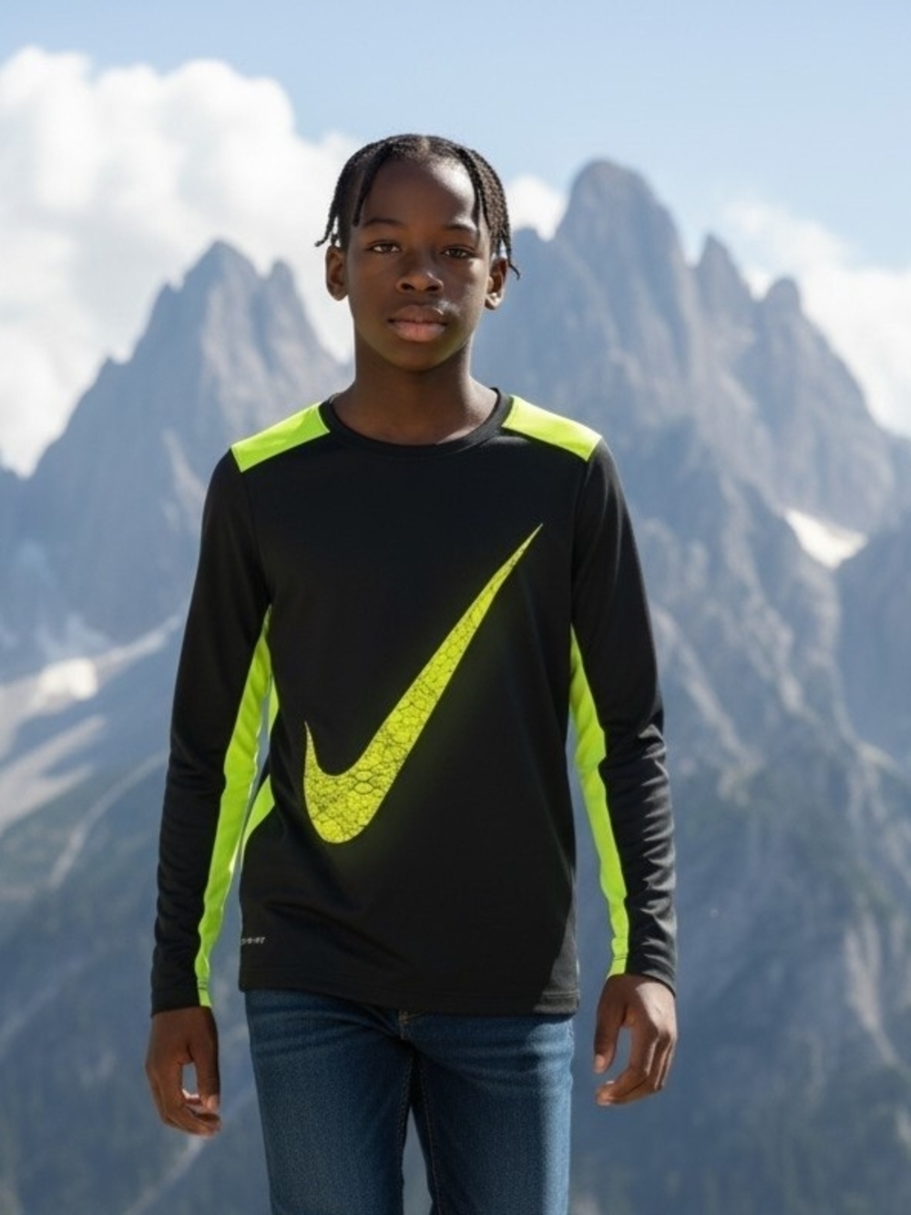 Nike Boys Black & Flourescent Yellow Long-Sleeve Dri-FIT Top XL   EUC